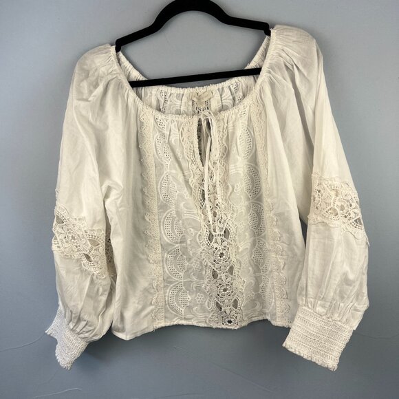 Jennifer & Grace White Lace Scoop Neck Puff Sleeve Blouse Size L Boho Gypsy - Picture 1 of 7